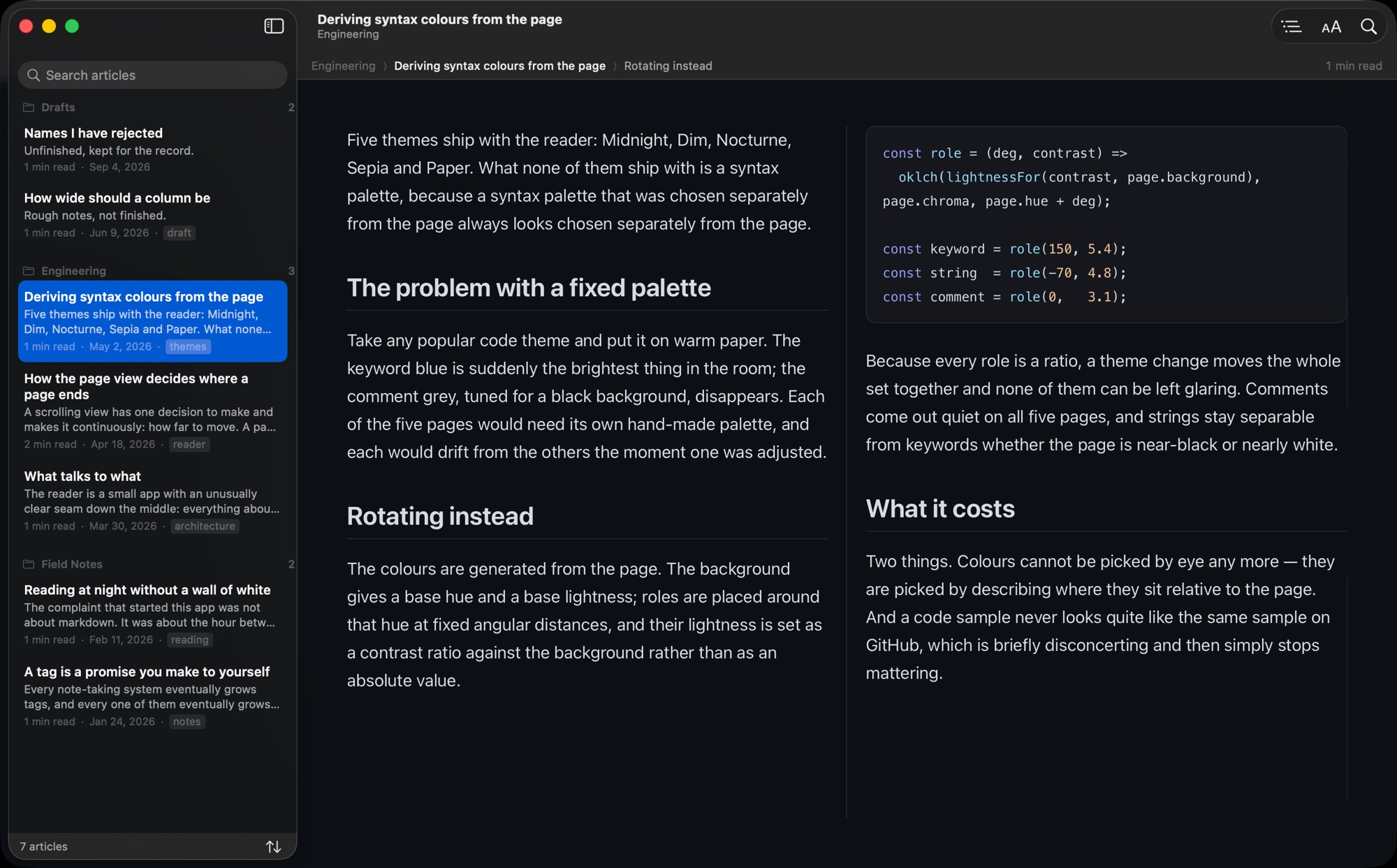 An article set in two columns, prose on the left and a highlighted code block on the right.